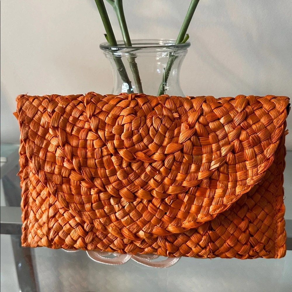 Colorful Orange Woven Straw Clutch